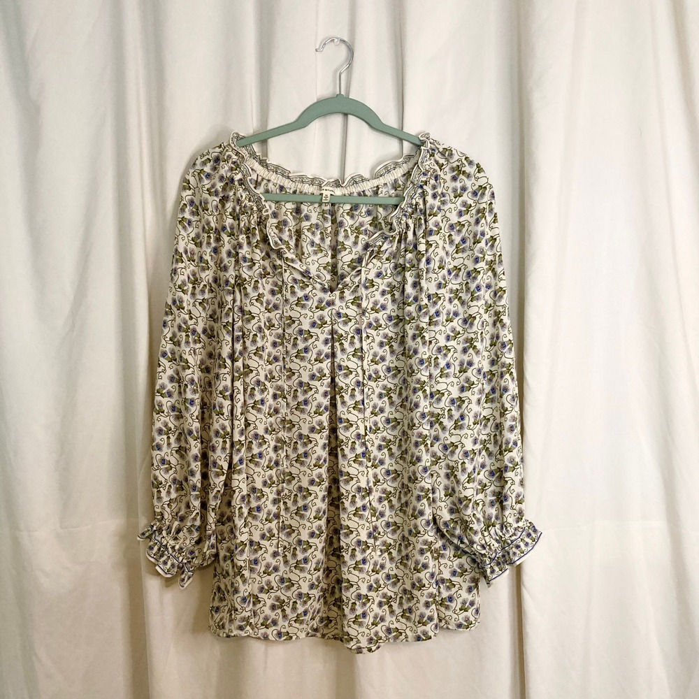 Floral Peasant Blouse Blue White Long Sleeve Ruffle Tie Neck Max Studio Women 1X